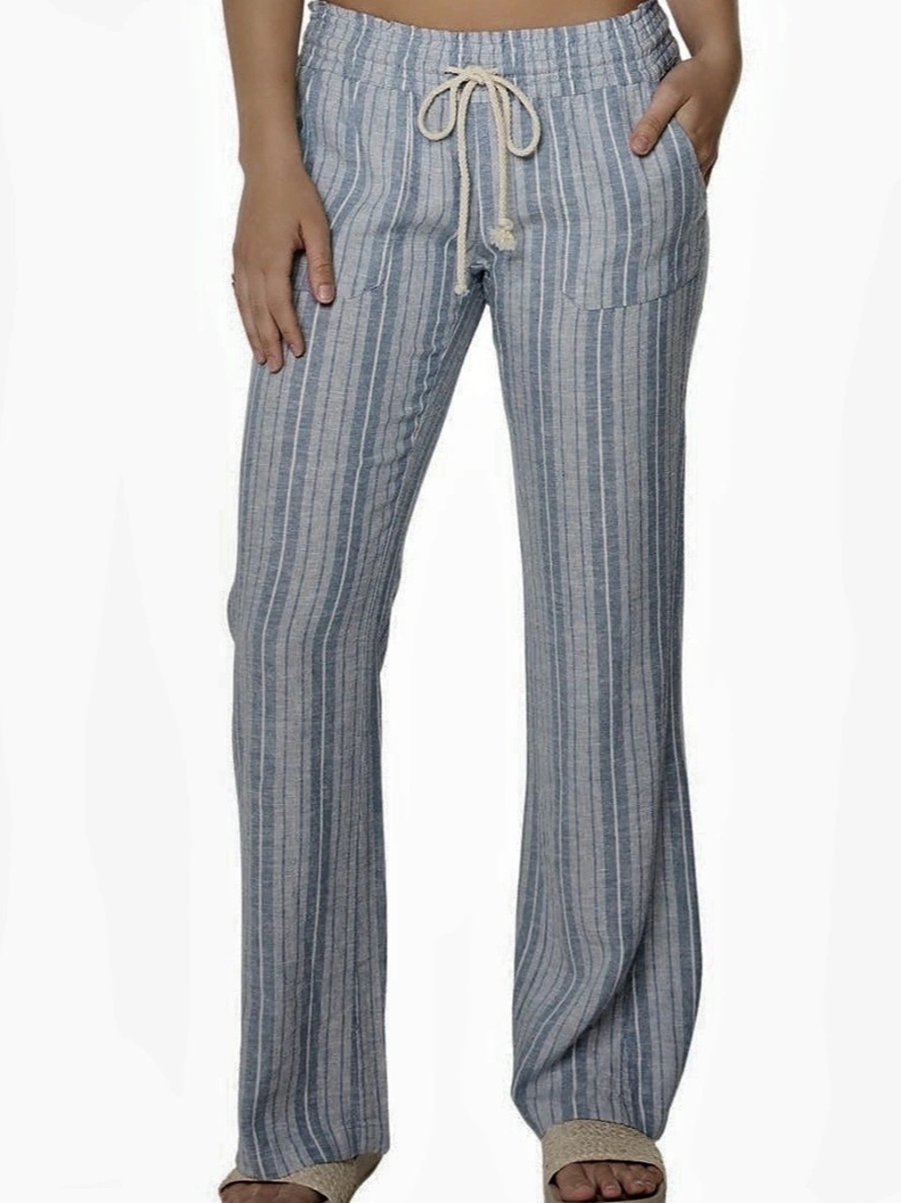 Roxy Oceanside Stripe Linen Blend Pants Blue & White Small